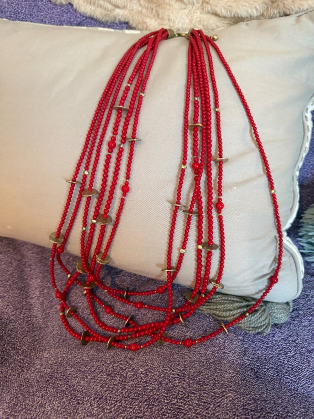 Chico's Red Bead Strand necklace w/ gold like accents